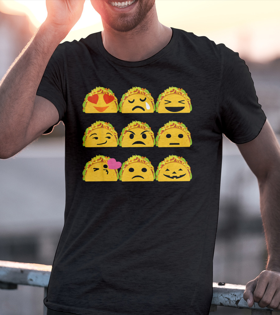 Taco Emoji Faces Heart Eyes Sad Crying Wink Kiss Laughing Pumpkin T-Shirt