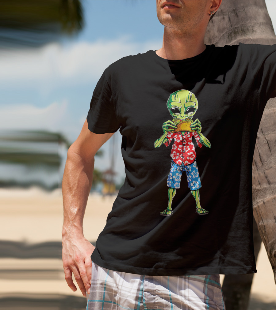 Alien Eating Taco In Hawaiian Shirt 70s California Retro T-Shirt