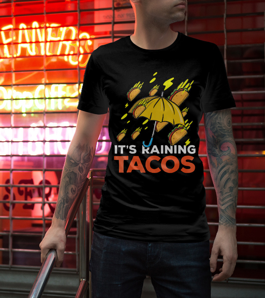 It's Raining Tacos Fun With Yellow Umbrella And Flying Tacos T-Shirt
