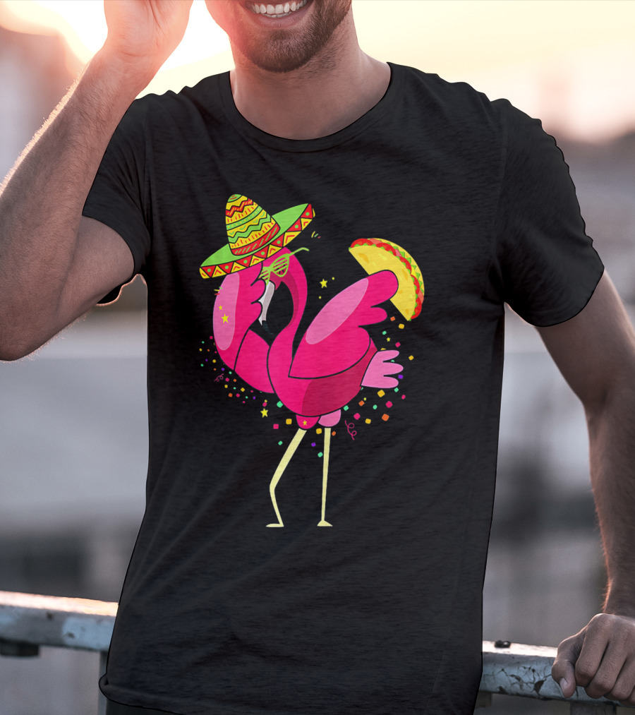 Funny Flamingo Dabbing With Taco Sombrero Cinco De Mayo T-Shirt