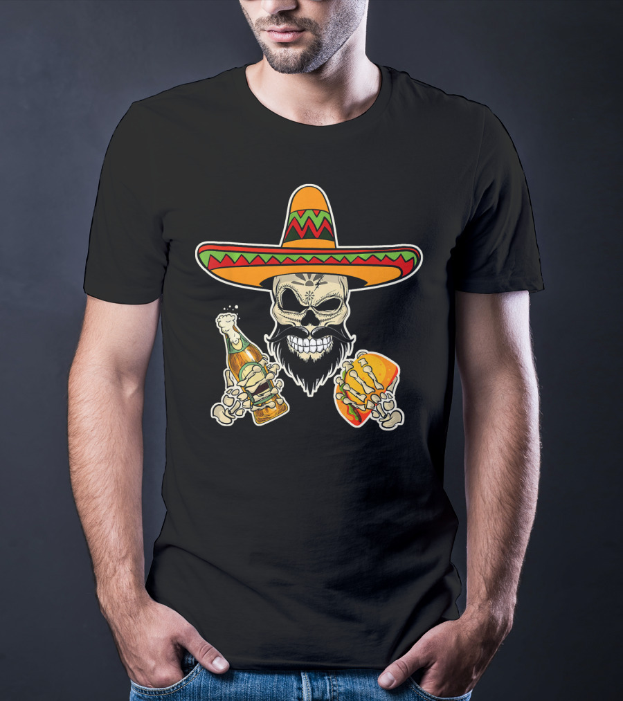 Sombrero-Wearing Sugar Skull With Beer And Tacos T-Shirt