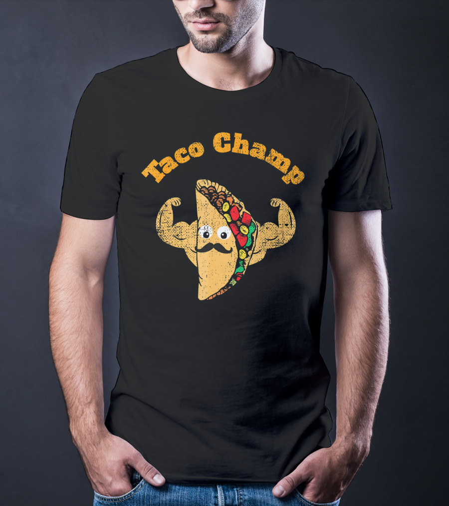Taco Champ Flexing Strong Mustache Taco Emoji T-Shirt