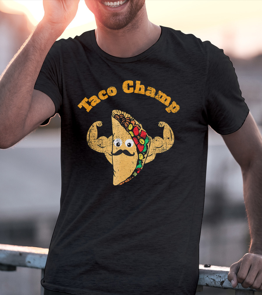 Taco Champ Flexing Strong Mustache Taco Emoji T-Shirt