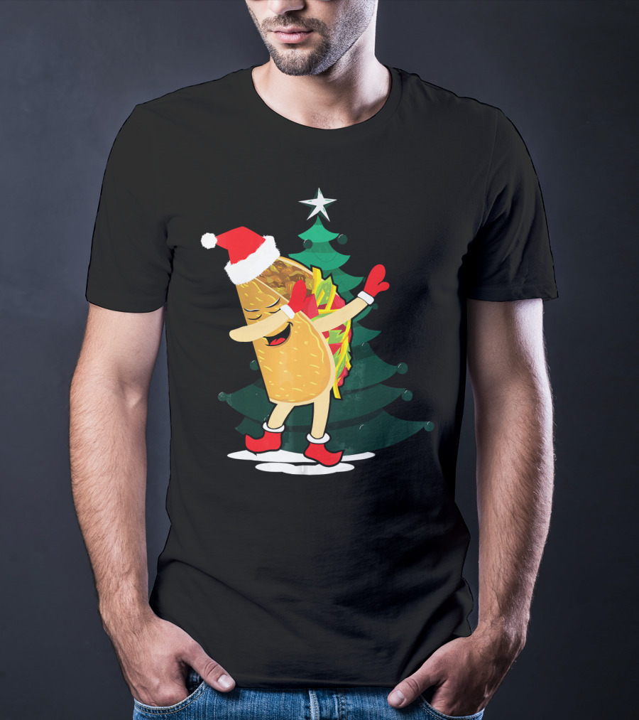 Dabbing Taco Christmas Santa Hat And Tree T-Shirt
