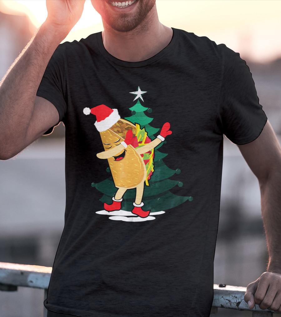 Dabbing Taco Christmas Santa Hat And Tree T-Shirt