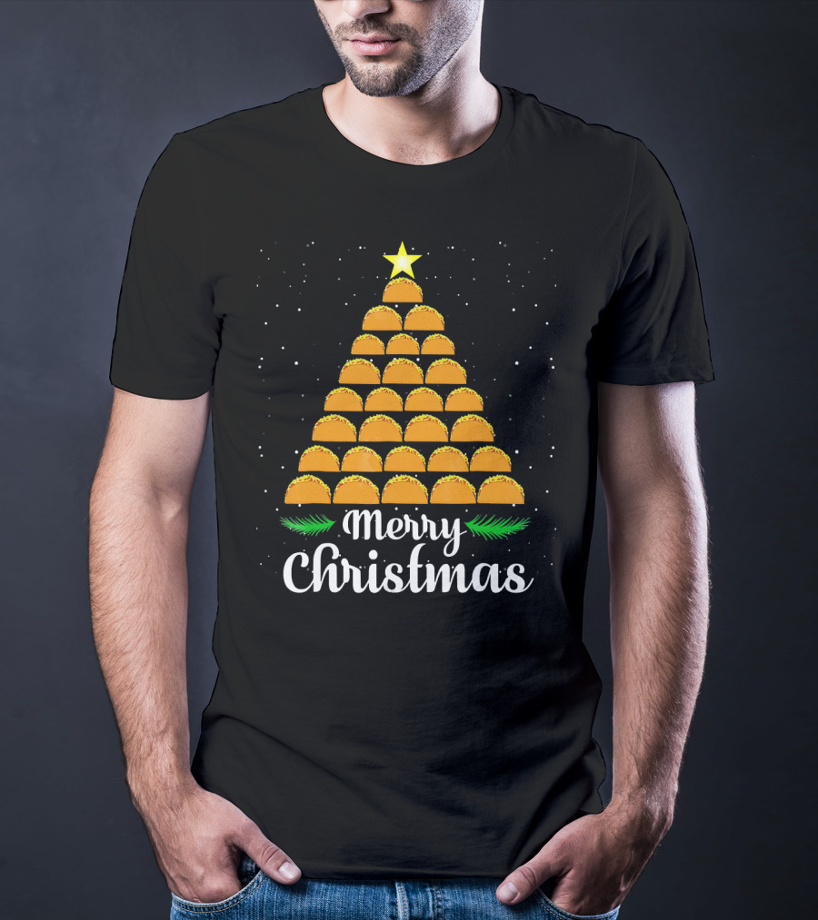 Merry Christmas Taco Tree With Star And Snowflakes T-Shirt