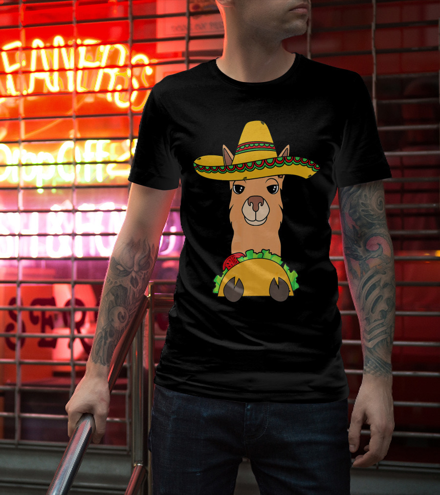 Llama Eating Taco Sombrero Cool Mexican T-Shirt