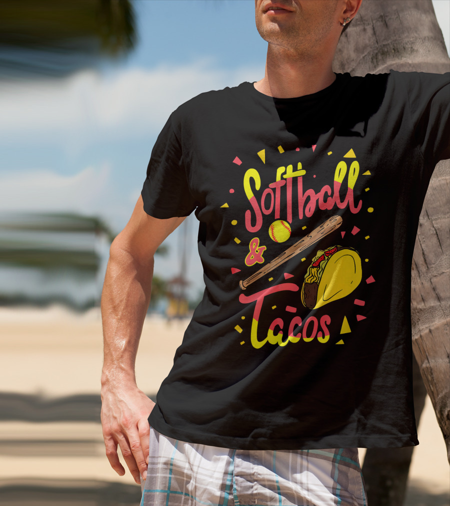 Softball And Tacos Funny Taco And Mexican Softball Bat And Ball Icons T-Shirt