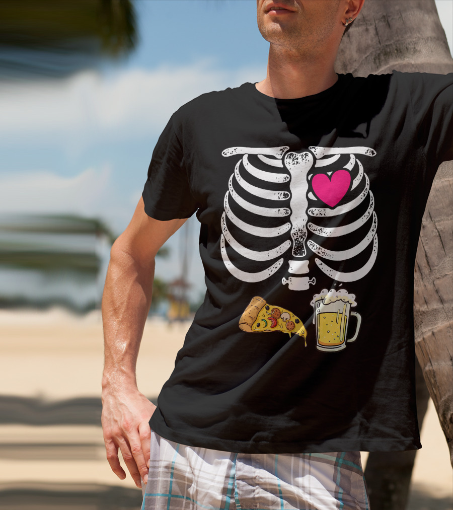 Skeleton Heart Pizza And Beer Xray T-Shirt