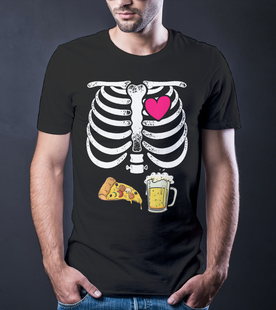 Skeleton Heart Pizza And Beer Xray T-Shirt