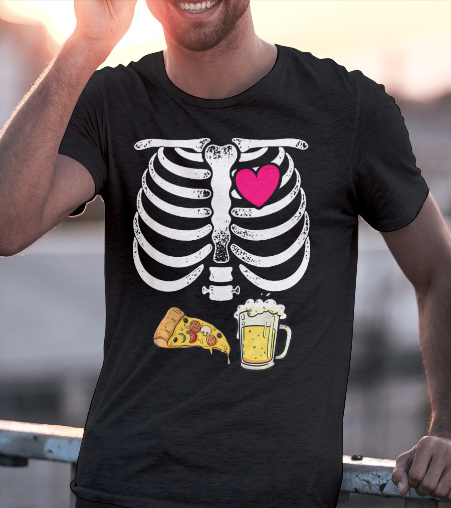 Skeleton Heart Pizza And Beer Xray T-Shirt