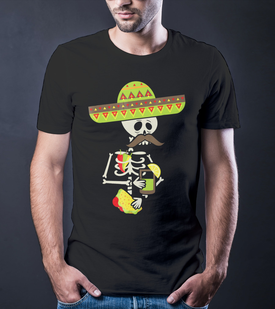 Mexican Skeleton Sombrero Holding Tequila Chili Tacos T-Shirt