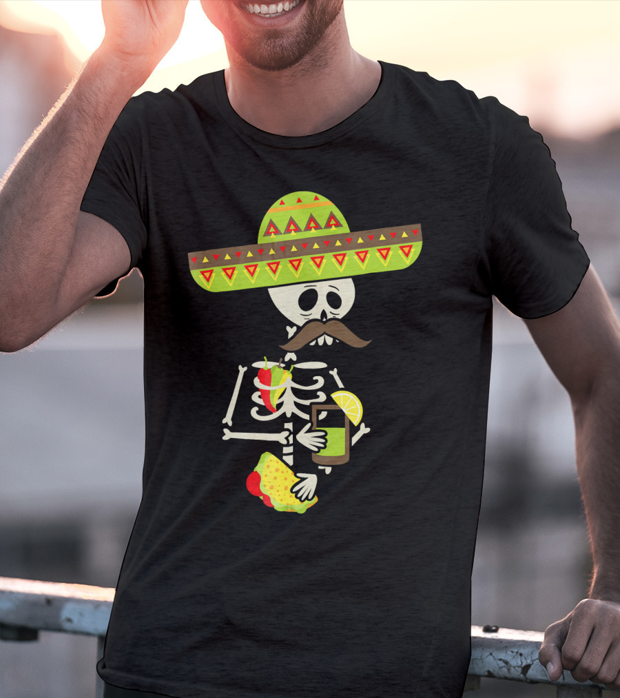 Mexican Skeleton Sombrero Holding Tequila Chili Tacos T-Shirt