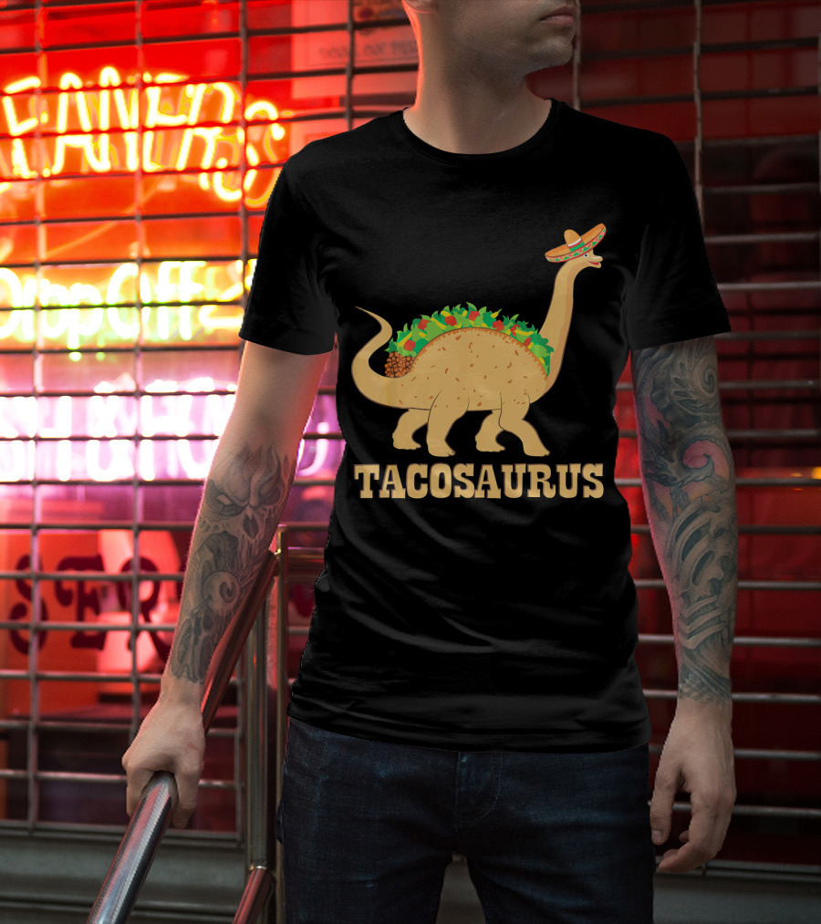 Tacosaurus Sombrero Wearing Dinosaur With Mexican Food Elements T-Shirt