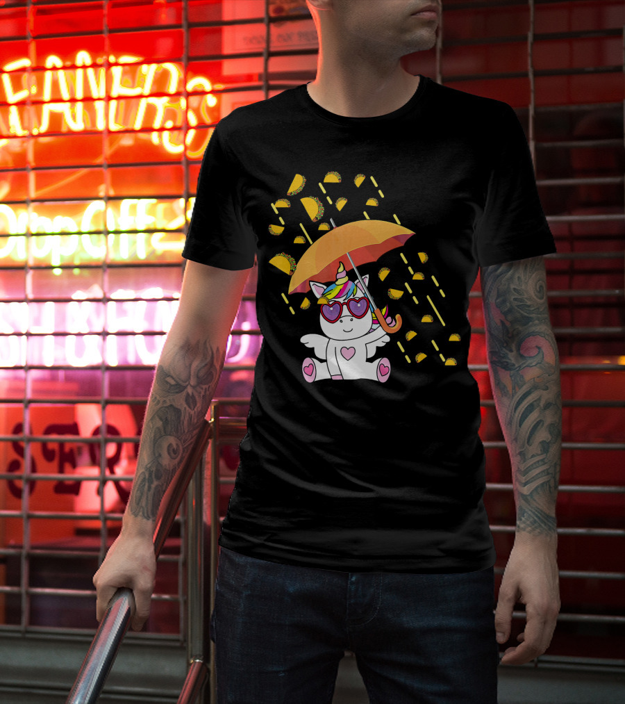 Its Raining Tacos Funny Unicorn With Umbrella And Sunglasses T-Shirt