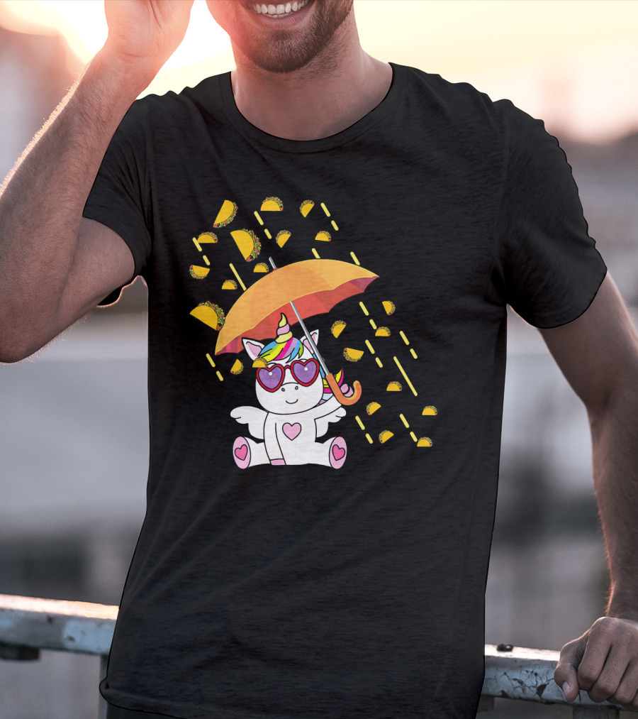 Its Raining Tacos Funny Unicorn With Umbrella And Sunglasses T-Shirt
