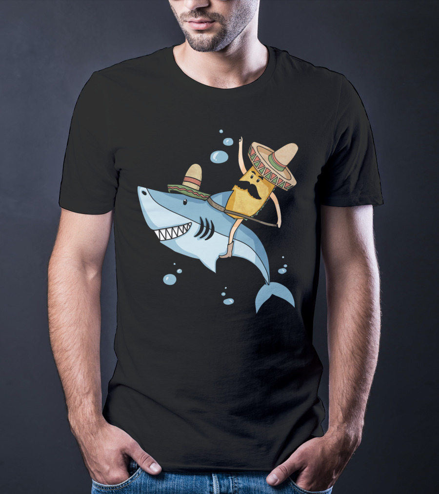 Taco Guy Riding Sombrero Shark Funny Mexican Style Long T-Shirt