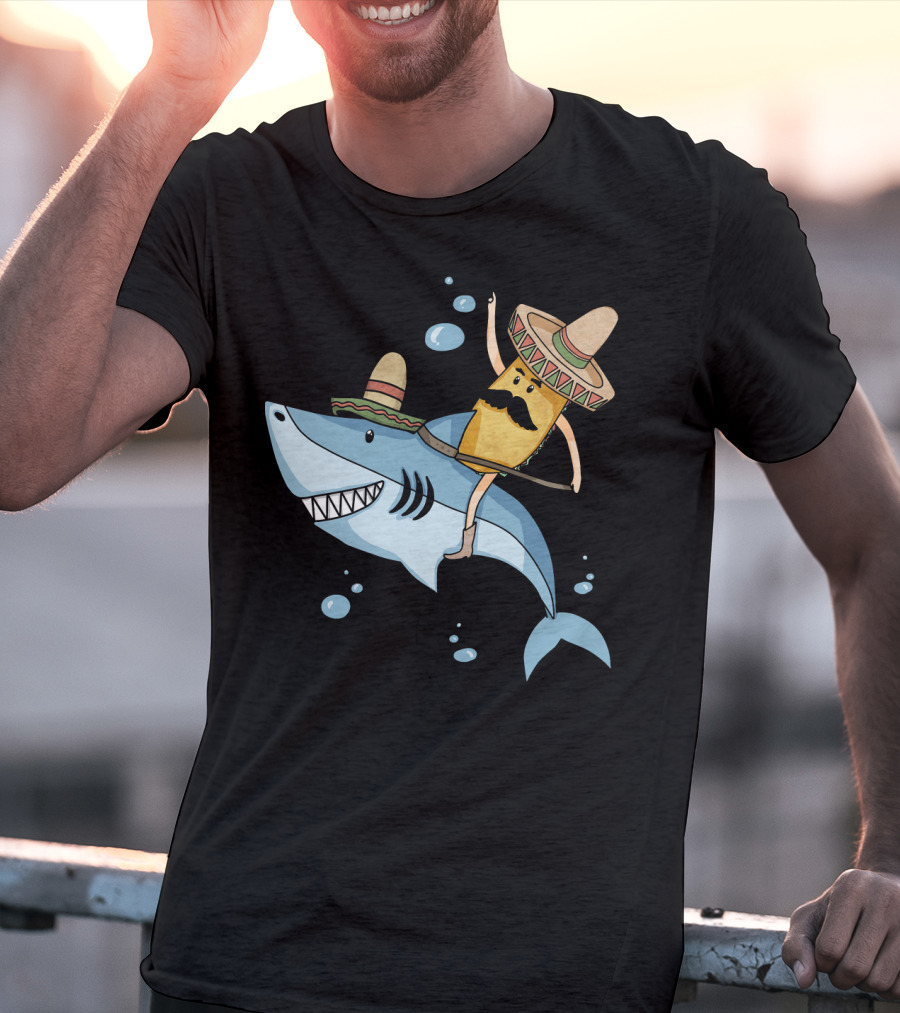 Taco Guy Riding Sombrero Shark Funny Mexican Style Long T-Shirt
