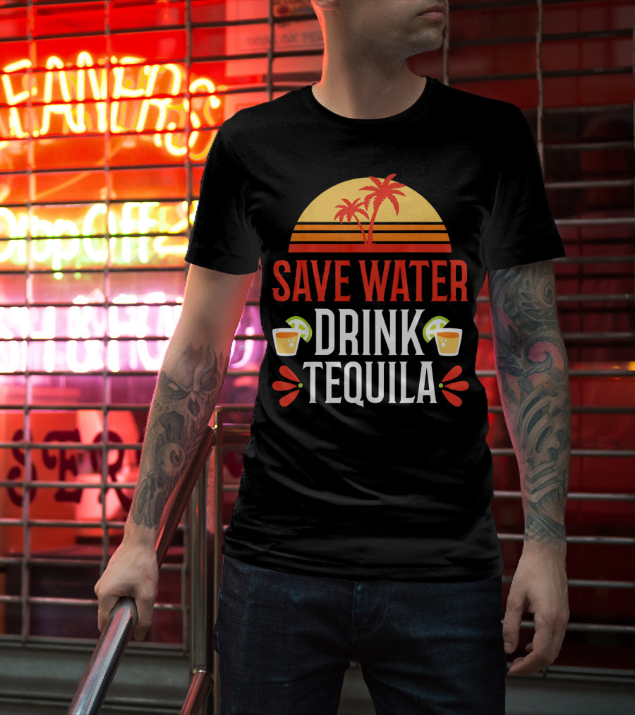 Save Water Drink Tequila Mexican Palm Sunset Lime T-Shirt