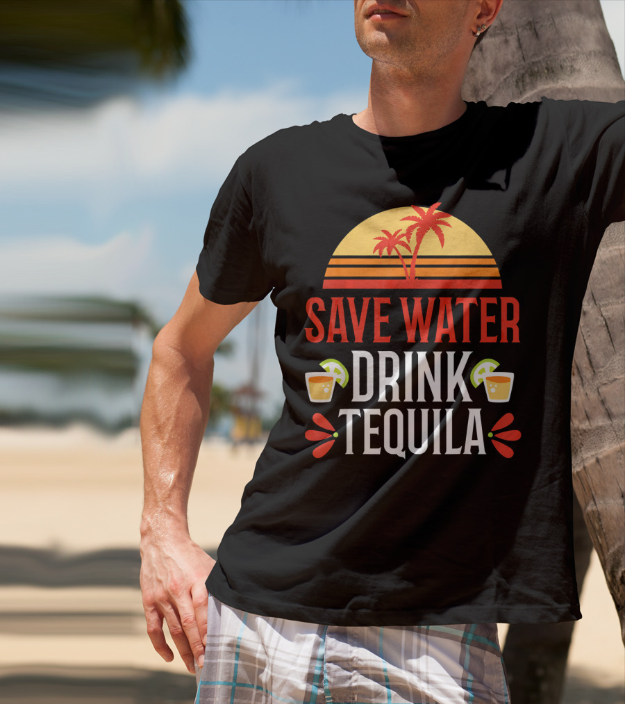 Save Water Drink Tequila Mexican Palm Sunset Lime T-Shirt