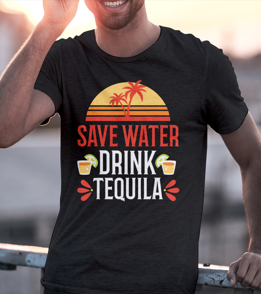 Save Water Drink Tequila Mexican Palm Sunset Lime T-Shirt