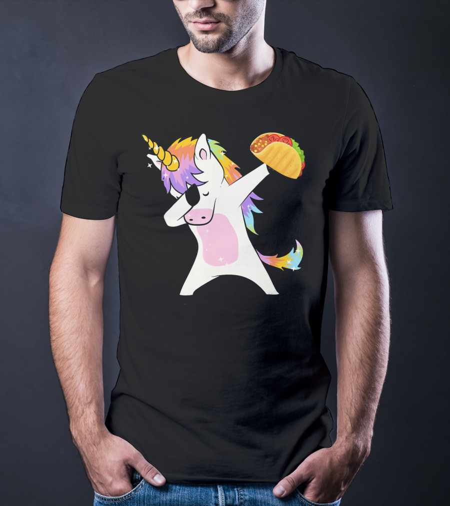 Unicorn Dabbing With Taco And Rainbow Mane T-Shirt