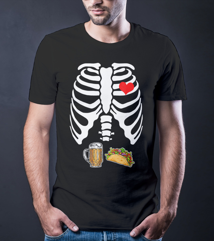 Pregnant Skeleton With Heart, Tacos, And Beer T-Shirt