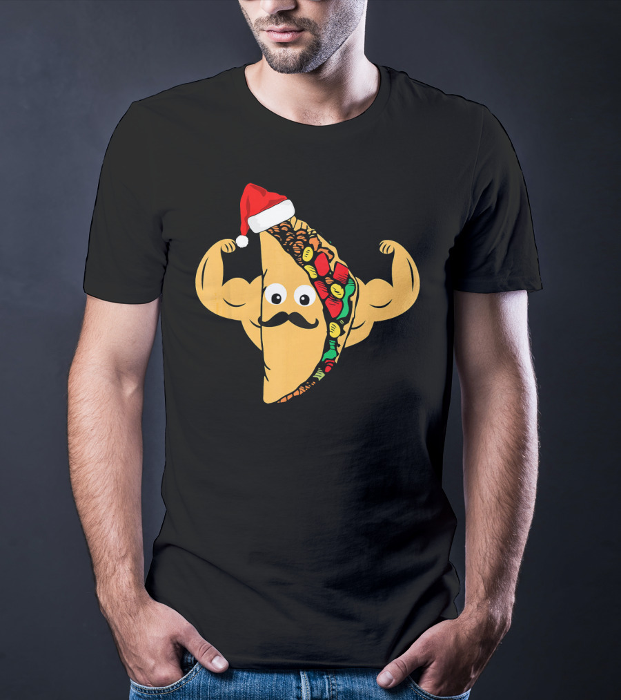 Funny Taco With Santa Hat And Mustache Flexing Muscles Family T-Shirt