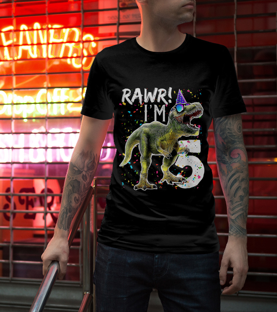 Rawr I'm 5 Dinosaur Birthday Party Hat Confetti T-Shirt