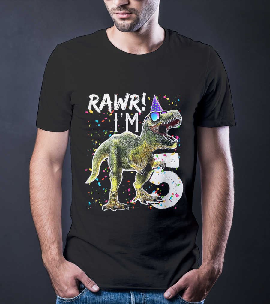 Rawr I'm 5 Dinosaur Birthday Party Hat Confetti T-Shirt
