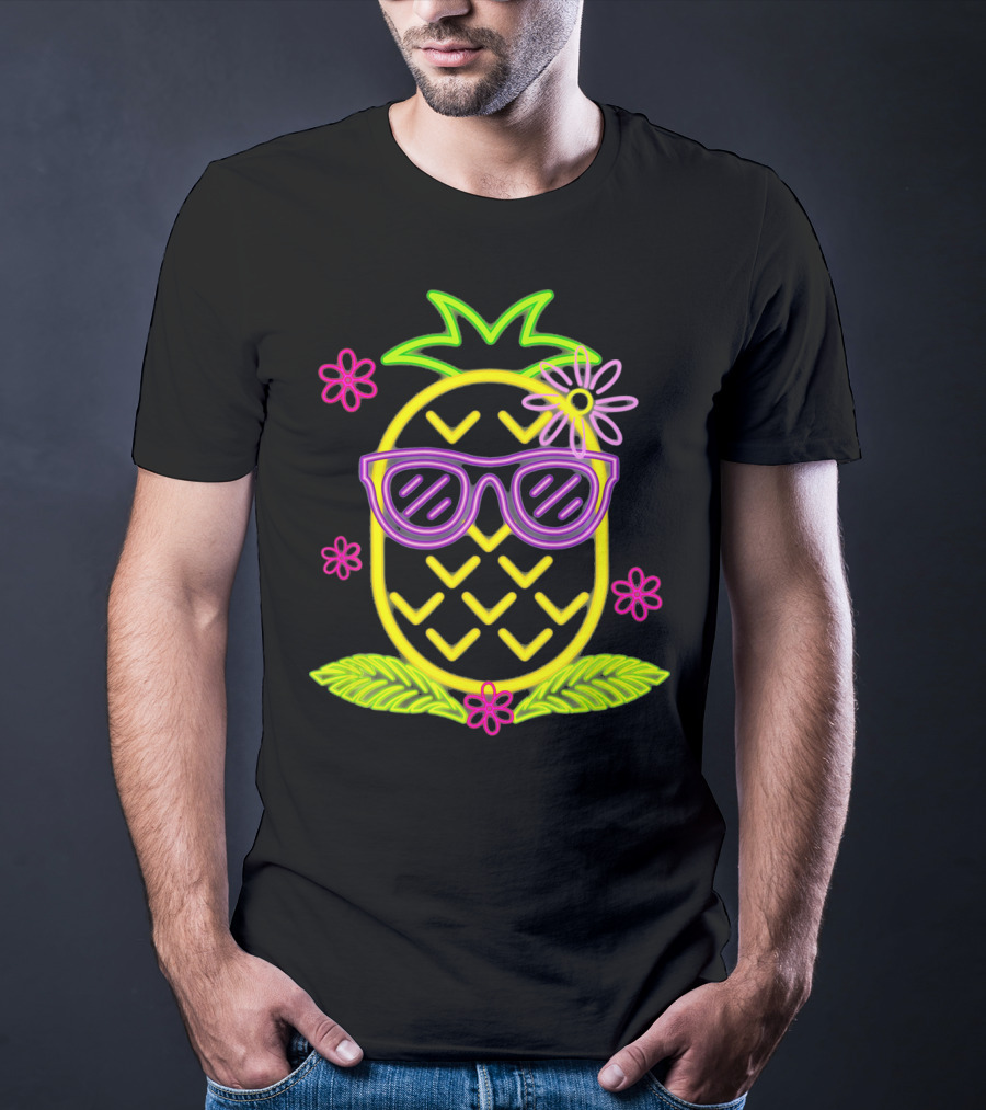 Neon Pineapple With Sunglasses And Flowers Luau Party Vibes T-Shirt