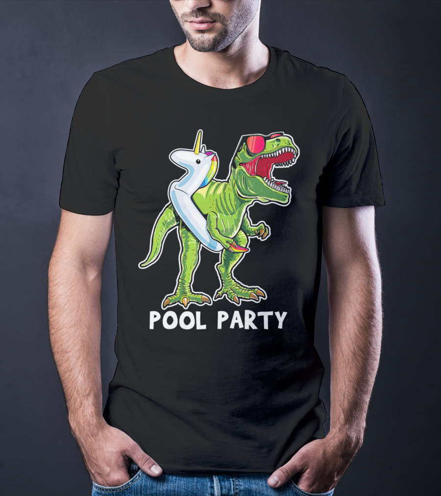 Pool Party Rex Dinosaur With Unicorn Float And Sunglasses T-Shirt