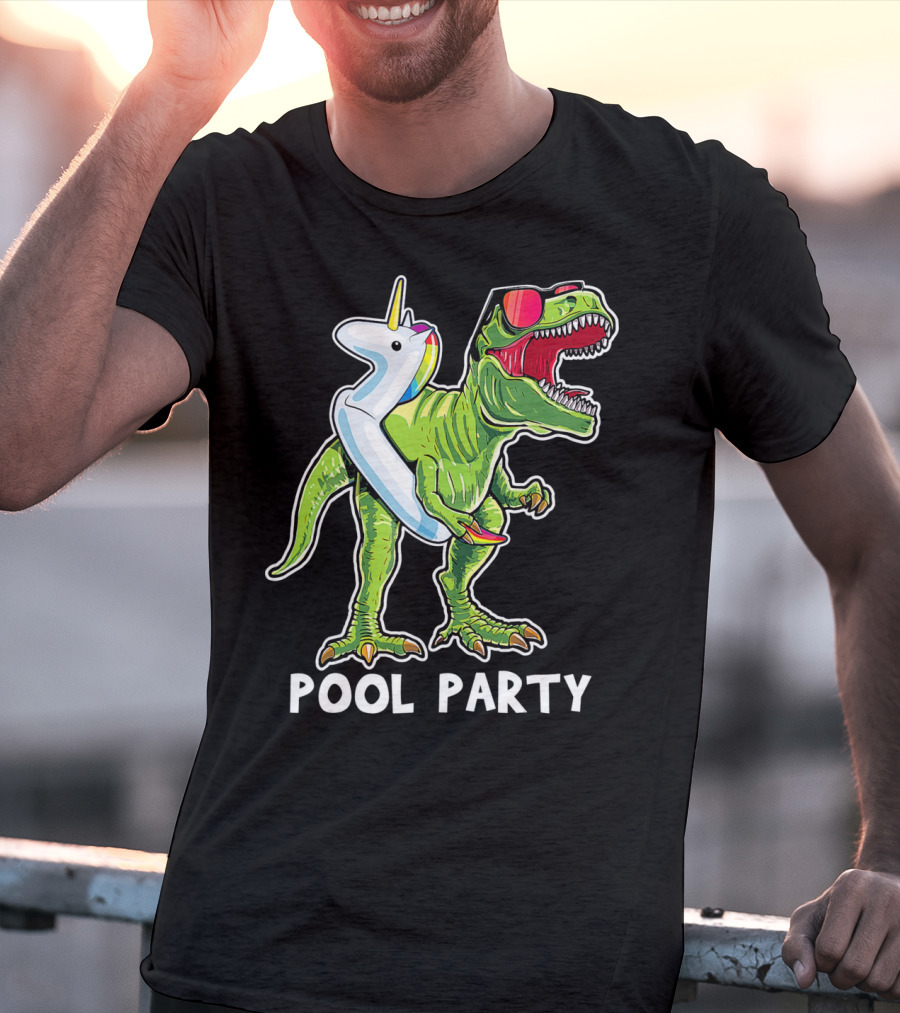 Pool Party Rex Dinosaur With Unicorn Float And Sunglasses T-Shirt