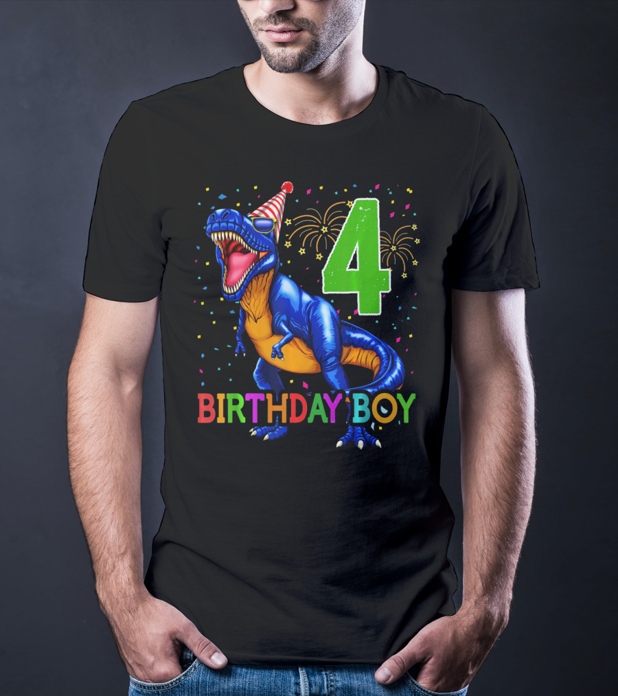 Birthday Boy 4 Dinosaur Party Hat Fireworks T-Shirt