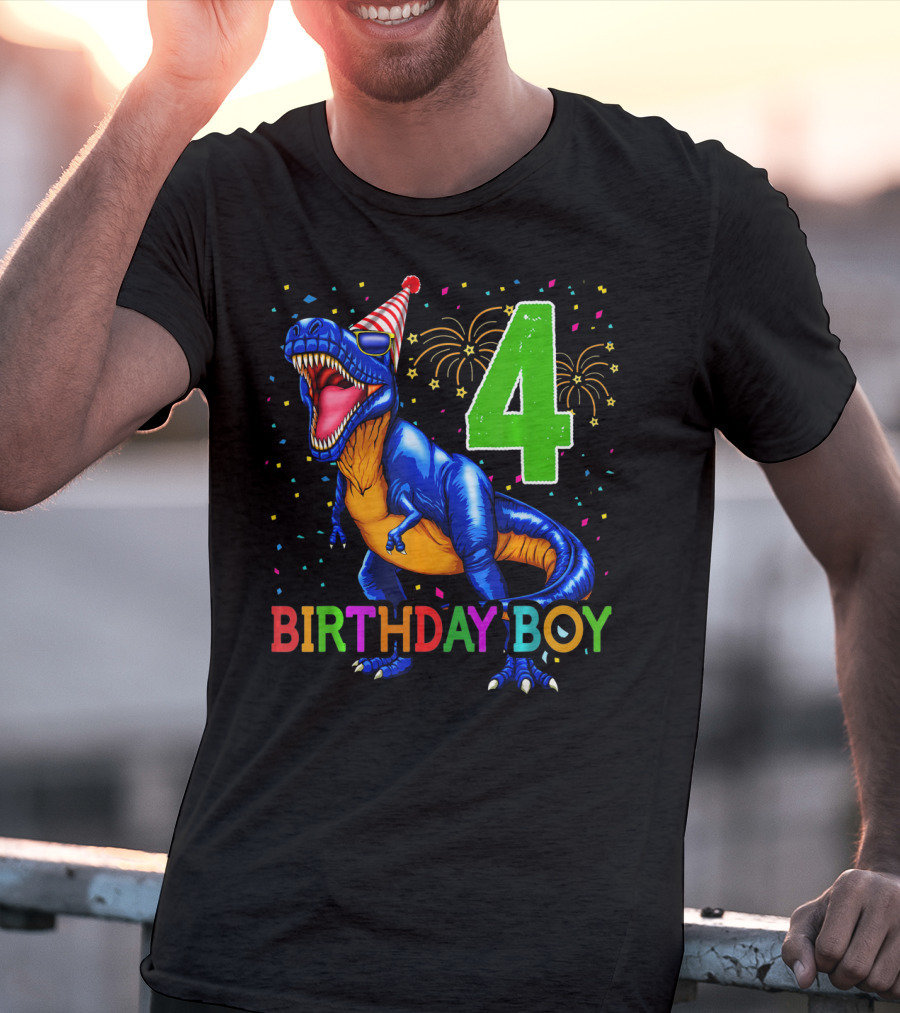 Birthday Boy 4 Dinosaur Party Hat Fireworks T-Shirt