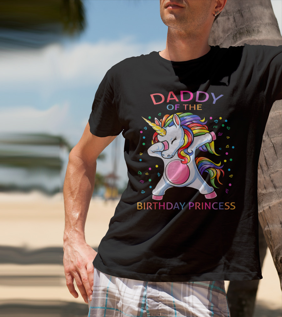 Daddy Of The Birthday Princess Unicorn Dabbing With Colorful Confetti T-Shirt