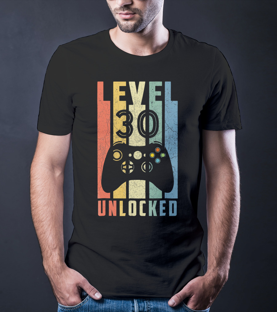 Level 30 Unlocked Video Game Controller Retro Stripes T-Shirt