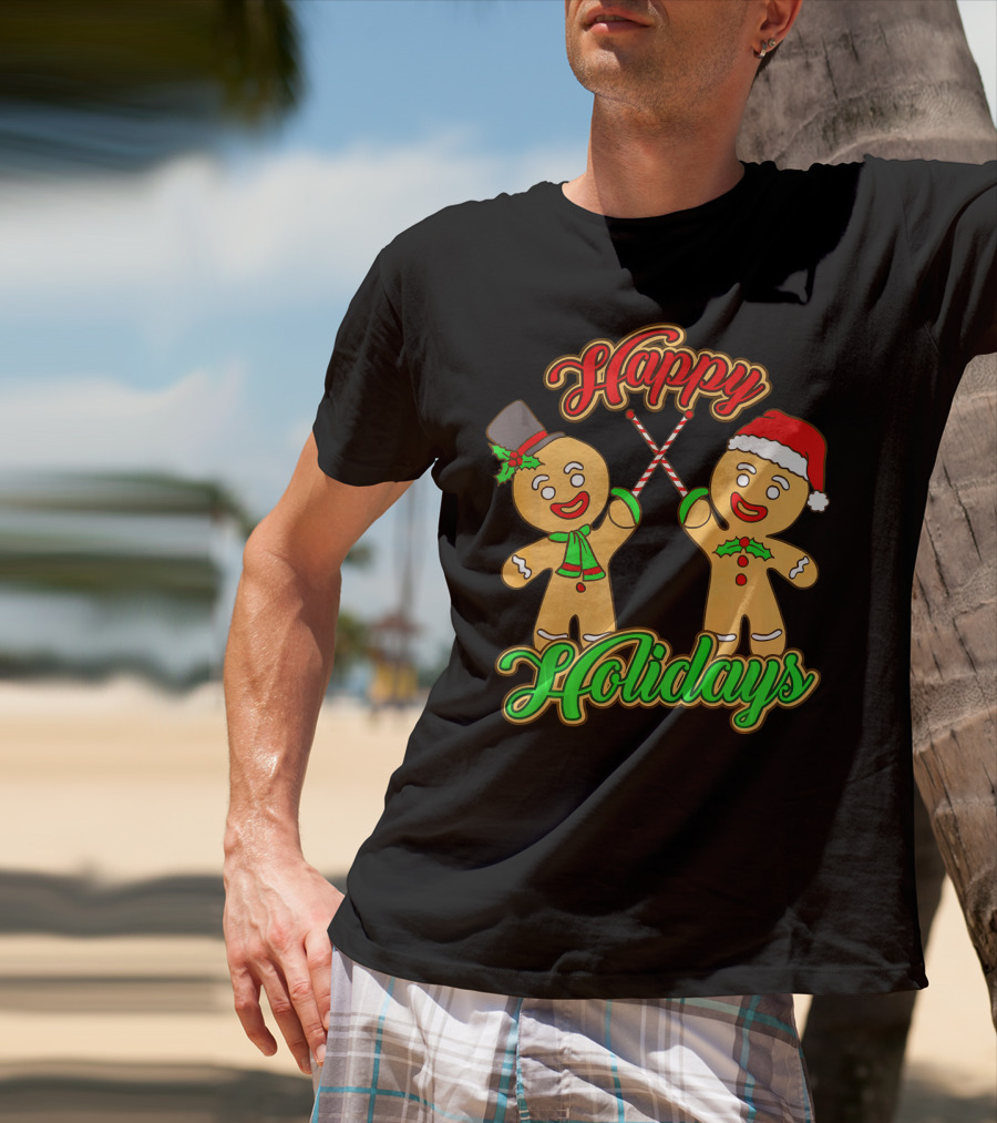 Happy Holidays Gingerbread Men Fencing With Candy Canes T-Shirt