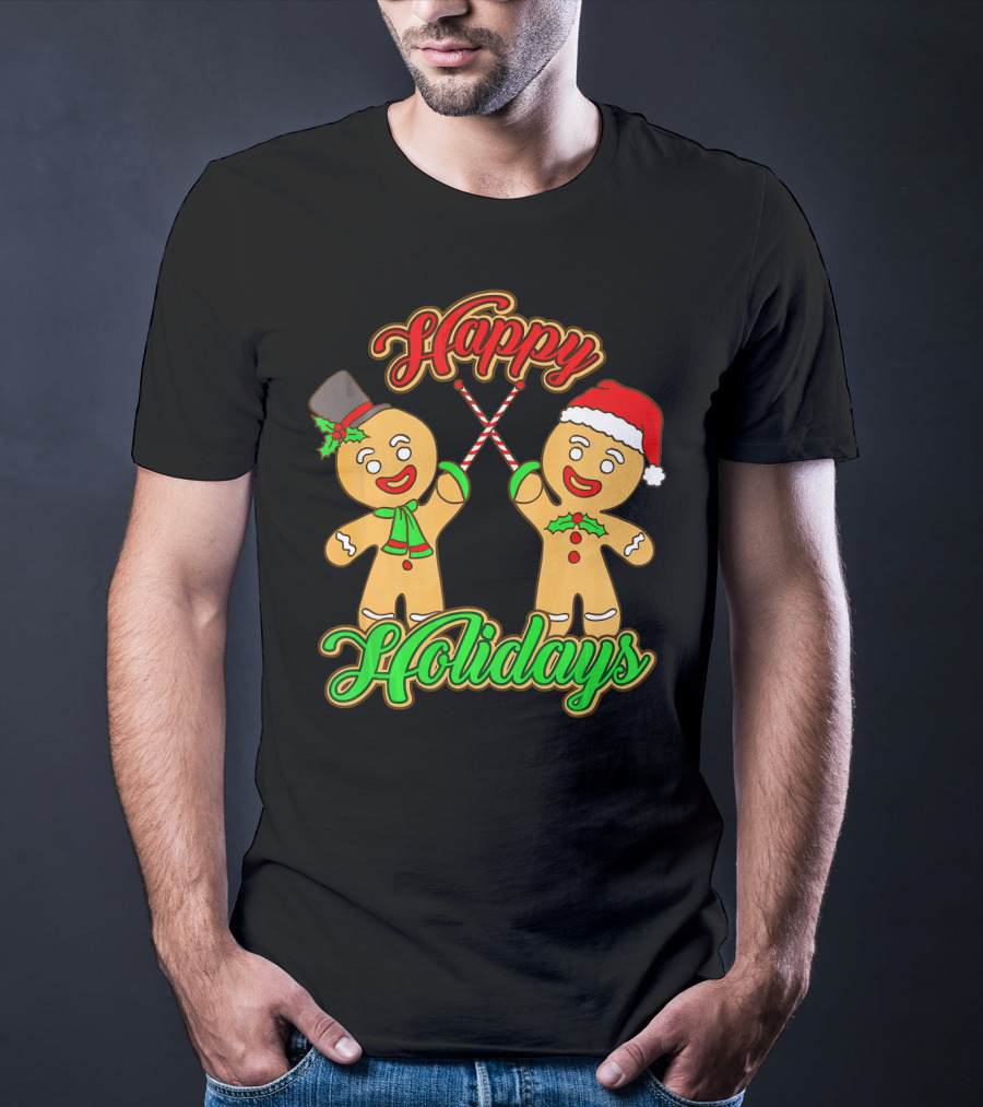 Happy Holidays Gingerbread Men Fencing With Candy Canes T-Shirt