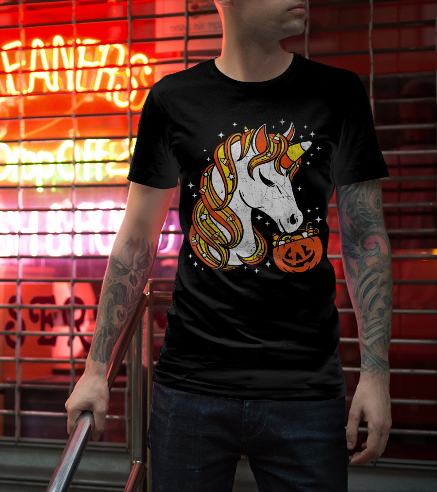 Candy Corn Unicorn With Jack-O'-Lantern Stars Halloween Top T-Shirt