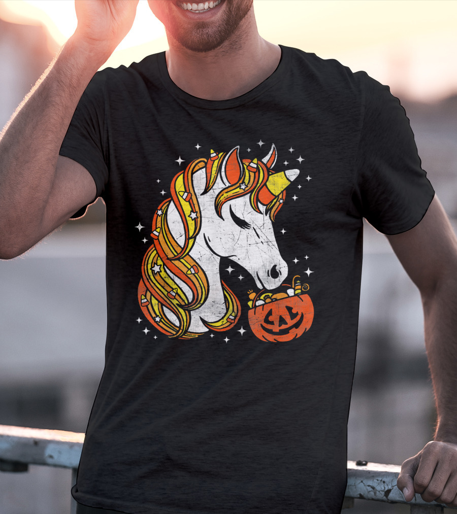 Candy Corn Unicorn With Jack-O'-Lantern Stars Halloween Top T-Shirt