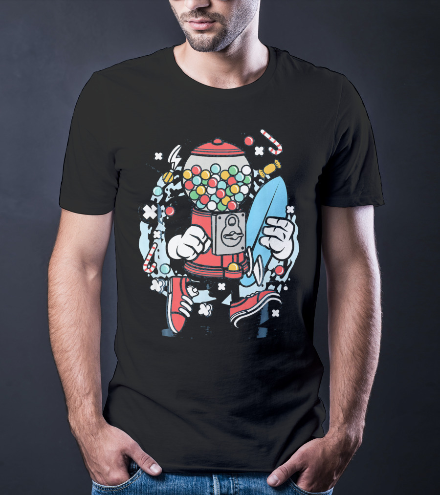 Cartoon Candy Machine With Surfboard And Sneakers Adventure T-Shirt