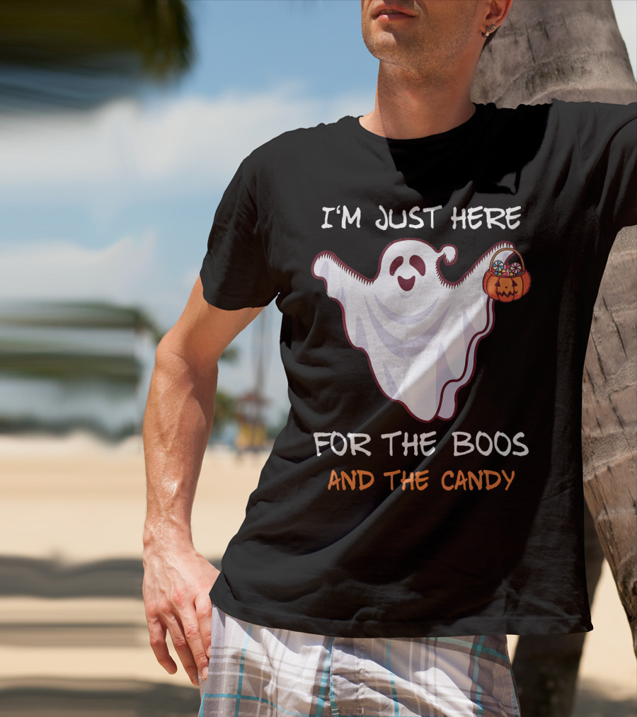 I'm Just Here For The Boos Ghost Holding Pumpkin Candy T-Shirt