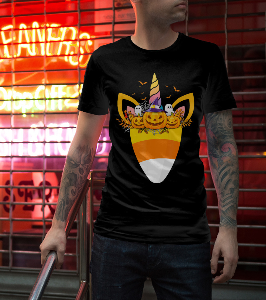 Unicorn Candy Corn Pumpkin Ghost Halloween Boo T-Shirt