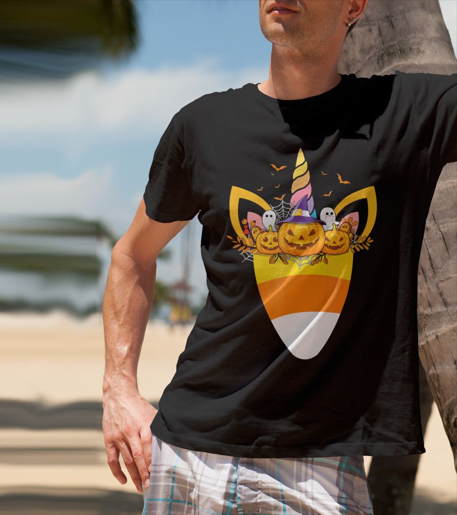 Unicorn Candy Corn Pumpkin Ghost Halloween Boo T-Shirt