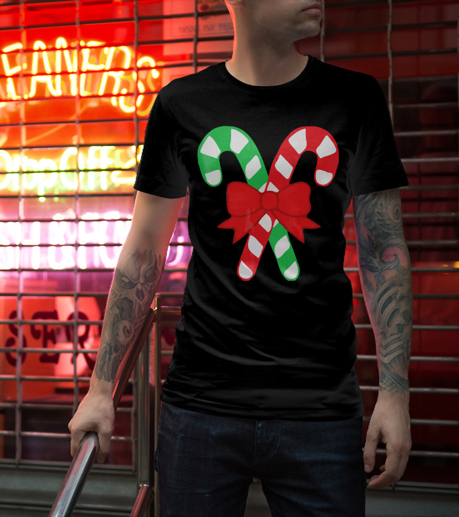 Candy Canes Christmas Holiday Red Bow Iconic Symbols T-Shirt