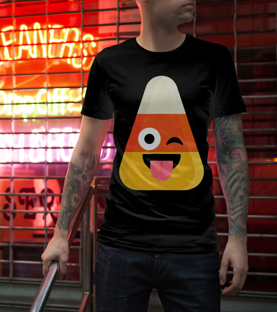 Candy Corn Emoji Wink Tongue Out Face T-Shirt