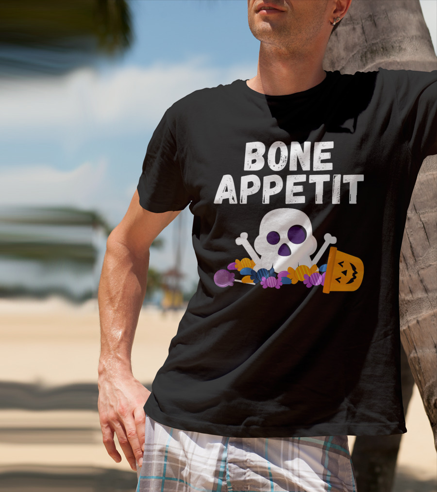 Bone Appetit Funny Skull Halloween Candy Pumpkin Chef Pun T-Shirt