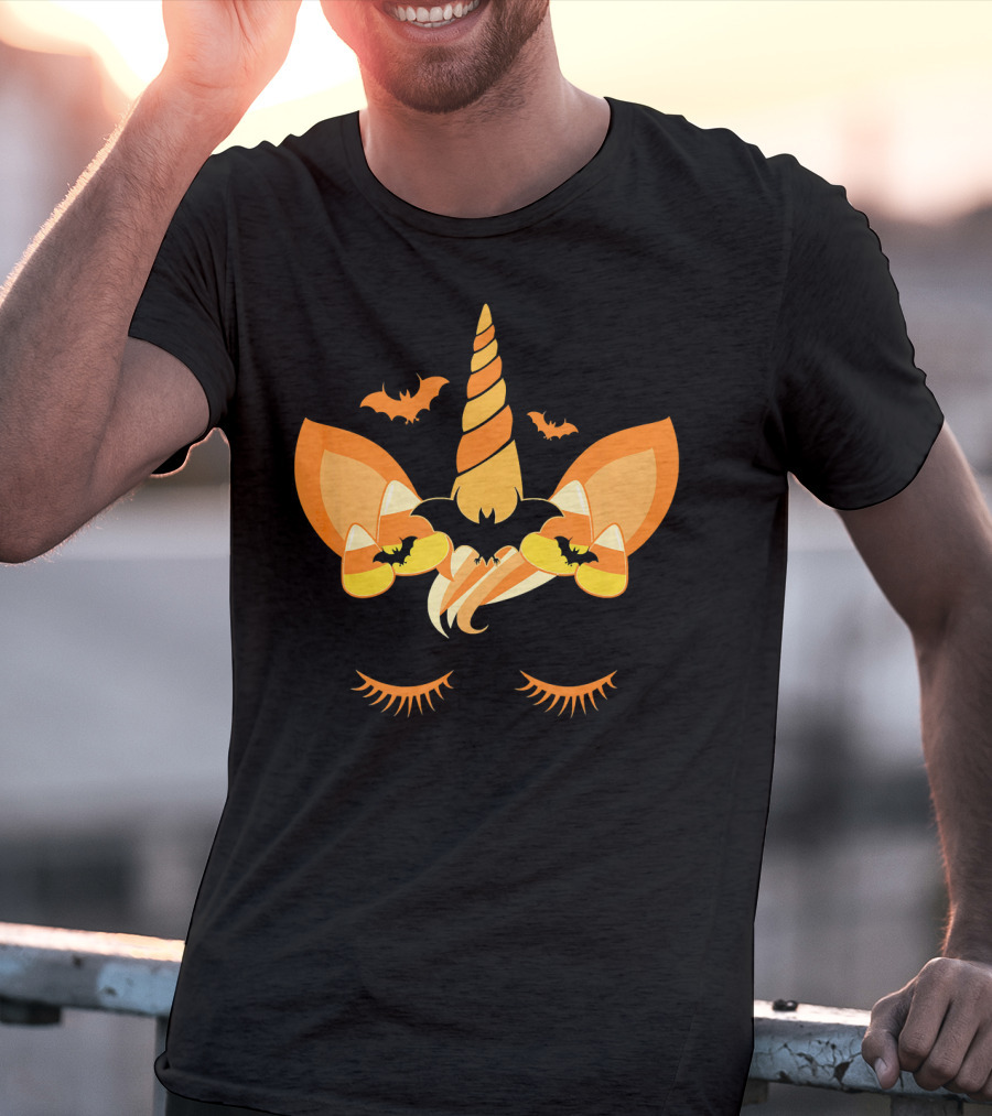 Halloween Unicorn Candy Corn Bat Ears Eyelashes T-Shirt