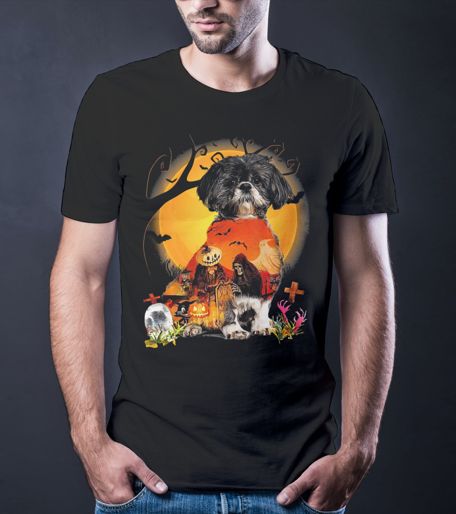 Shih Tzu Halloween Night With Pumpkins, Ghosts, And Full Moon T-Shirt